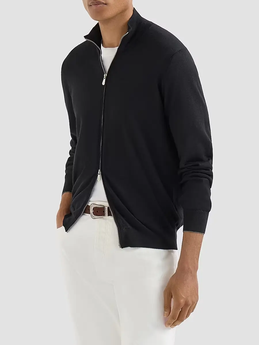 Brunello Cucinelli Men's Cashmere and Silk Lightweight Cardigan with Zipper - Black | Thumbnail 3 Brunello Cucinelli Men's Cashmere and Silk Lightweight Cardigan with Zipper - Black | Thumbnail 3