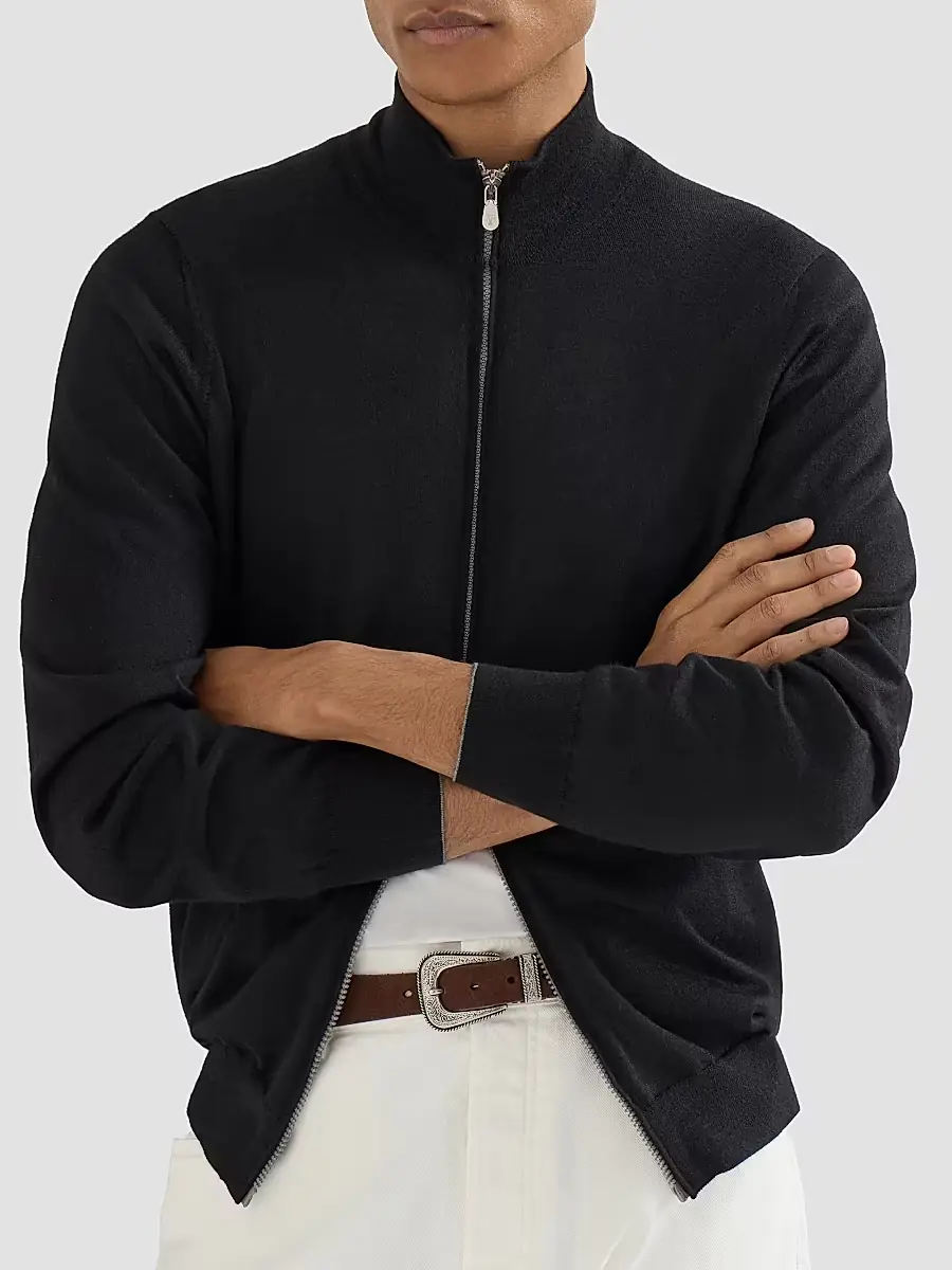 Brunello Cucinelli Men's Cashmere and Silk Lightweight Cardigan with Zipper - Black | Thumbnail 5 Brunello Cucinelli Men's Cashmere and Silk Lightweight Cardigan with Zipper - Black | Thumbnail 5