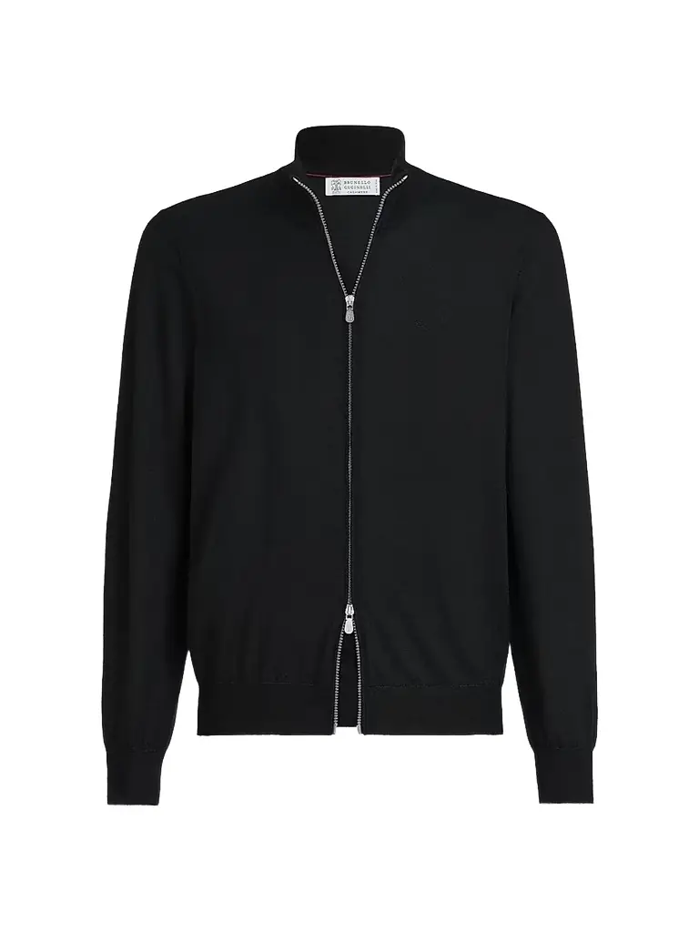 Brunello Cucinelli Men's Cashmere and Silk Lightweight Cardigan with Zipper - Black