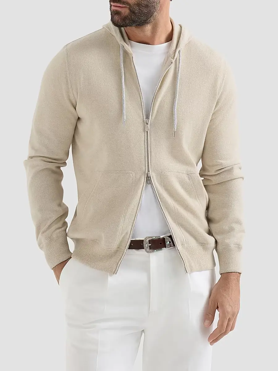 Brunello Cucinelli Men's Cashmere Sweatshirt-Style Cardigan with Hood - Sand | Thumbnail 2
