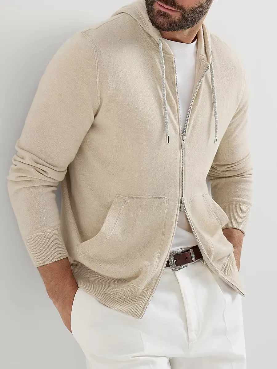 Brunello Cucinelli Men's Cashmere Sweatshirt-Style Cardigan with Hood - Sand | Thumbnail 4
