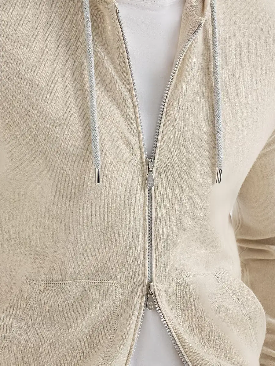 Brunello Cucinelli Men's Cashmere Sweatshirt-Style Cardigan with Hood - Sand | Thumbnail 5