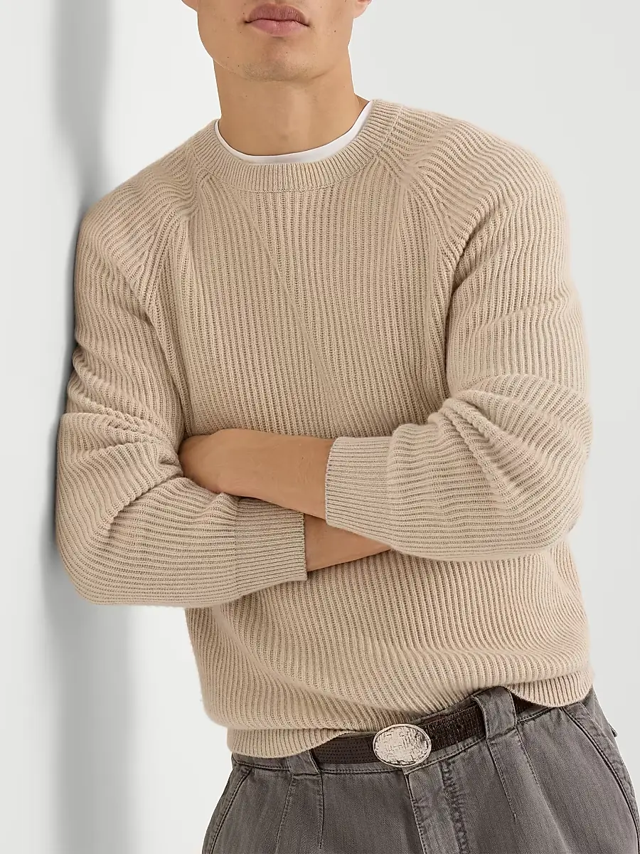 Brunello Cucinelli Men's Cashmere English Rib Sweater with Raglan Sleeves | Thumbnail 5 Brunello Cucinelli Men's Cashmere English Rib Sweater with Raglan Sleeves | Thumbnail 5