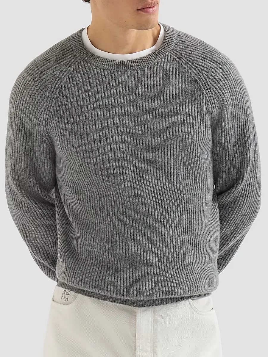 Brunello Cucinelli Men's Cashmere English Rib Sweater with Raglan Sleeves - Dark Grey | Thumbnail 2 Brunello Cucinelli Men's Cashmere English Rib Sweater with Raglan Sleeves - Dark Grey | Thumbnail 2