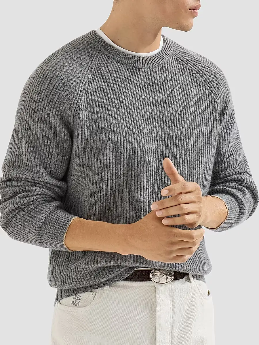 Brunello Cucinelli Men's Cashmere English Rib Sweater with Raglan Sleeves - Dark Grey | Thumbnail 3 Brunello Cucinelli Men's Cashmere English Rib Sweater with Raglan Sleeves - Dark Grey | Thumbnail 3
