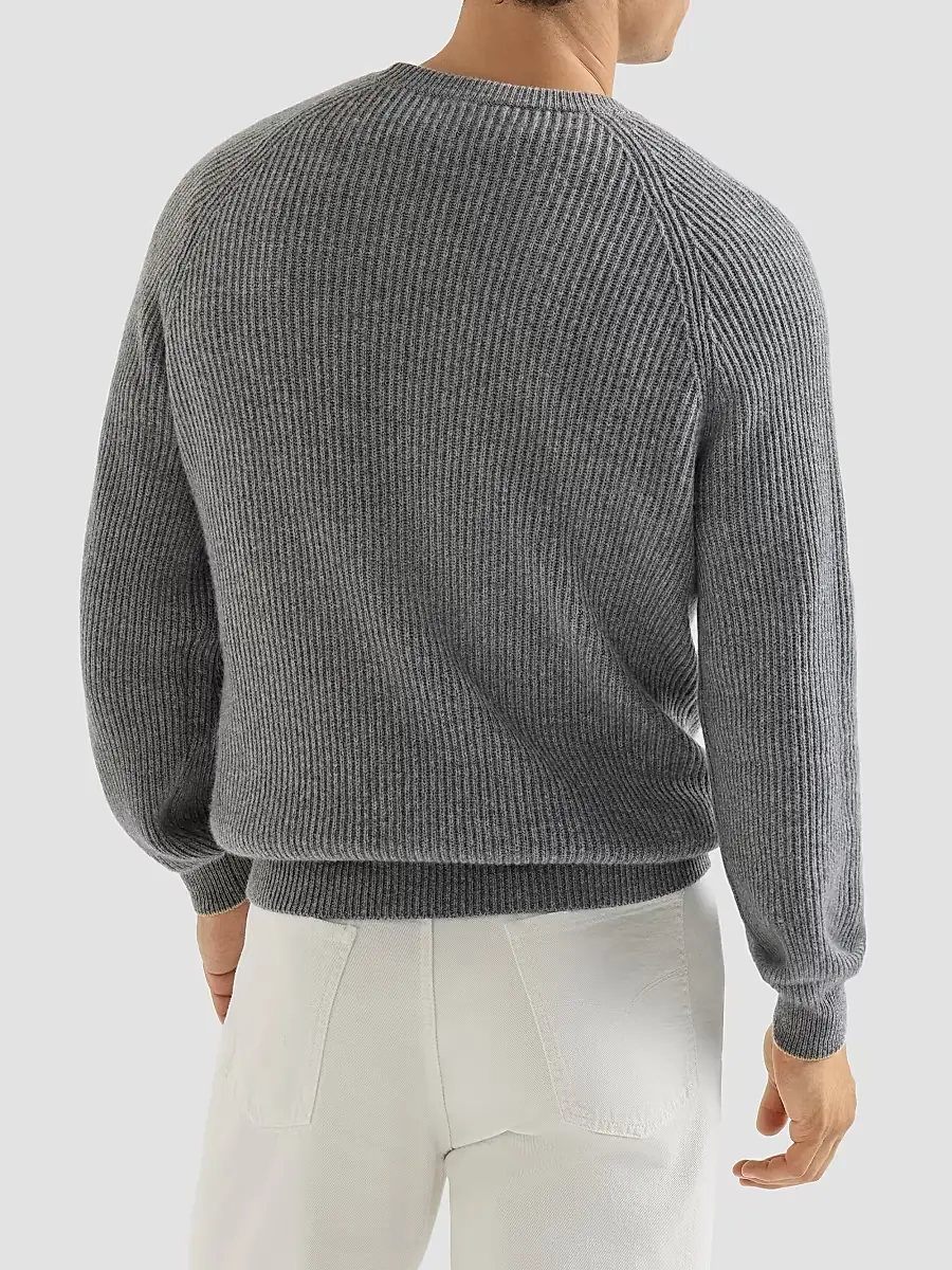 Brunello Cucinelli Men's Cashmere English Rib Sweater with Raglan Sleeves - Dark Grey | Thumbnail 4 Brunello Cucinelli Men's Cashmere English Rib Sweater with Raglan Sleeves - Dark Grey | Thumbnail 4