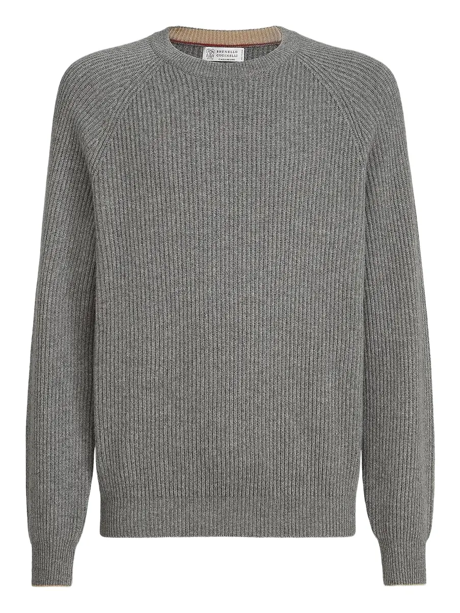 Brunello Cucinelli Men's Cashmere English Rib Sweater with Raglan Sleeves - Dark Grey