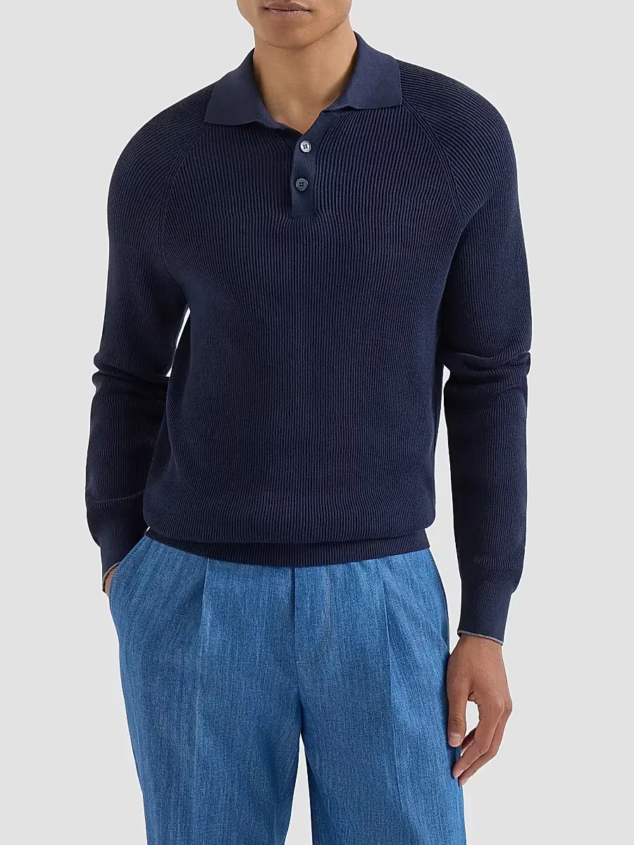 Brunello Cucinelli Men's Cotton English Rib Knit Polo Shirt | Thumbnail 3 Brunello Cucinelli Men's Cotton English Rib Knit Polo Shirt | Thumbnail 3