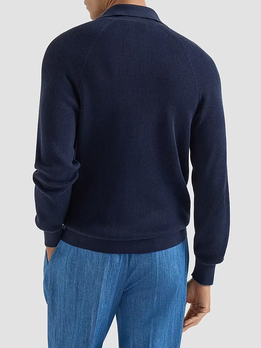 Brunello Cucinelli Men's Cotton English Rib Knit Polo Shirt | Thumbnail 4 Brunello Cucinelli Men's Cotton English Rib Knit Polo Shirt | Thumbnail 4