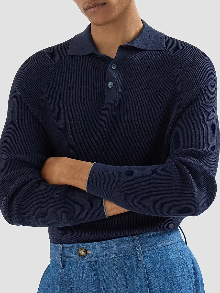 Brunello Cucinelli Men's Cotton English Rib Knit Polo Shirt | Thumbnail 5 Brunello Cucinelli Men's Cotton English Rib Knit Polo Shirt | Thumbnail 5