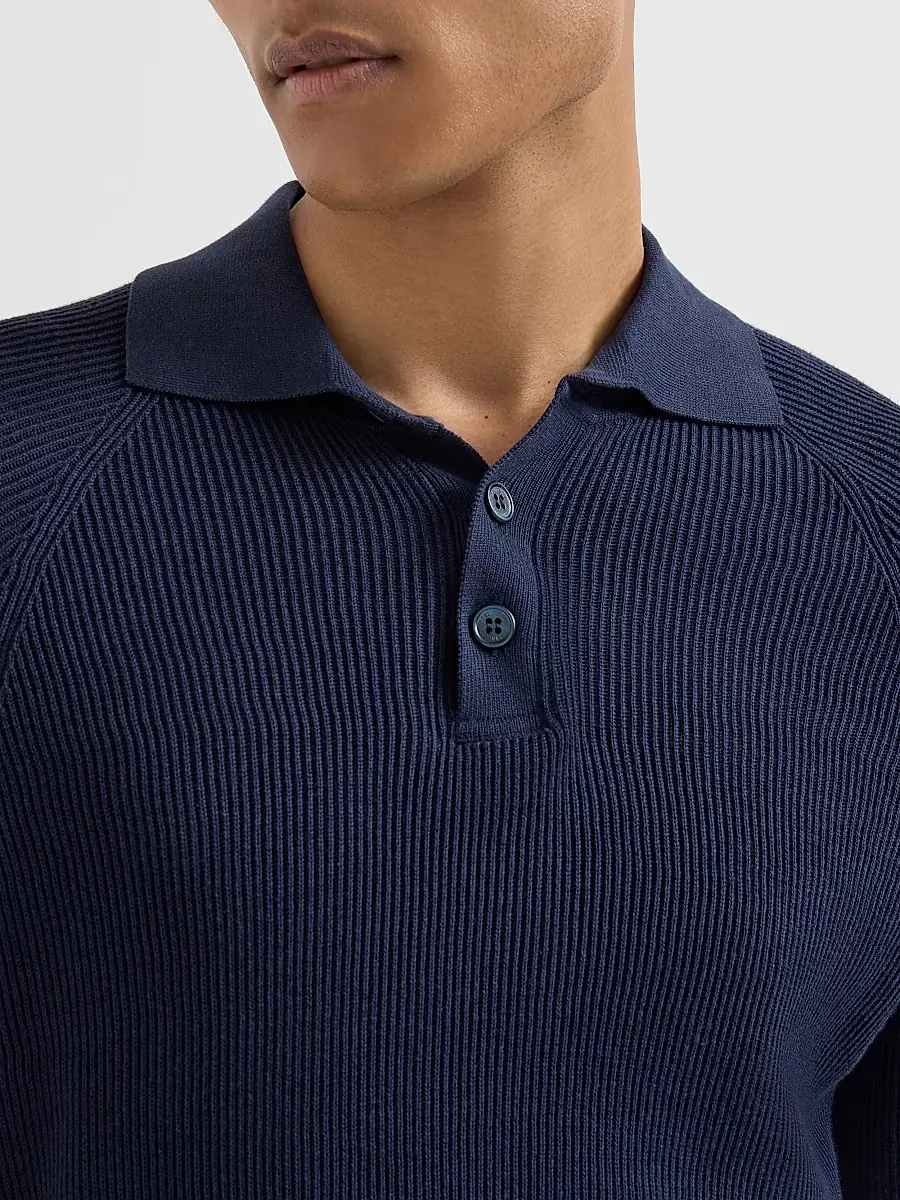 Brunello Cucinelli Men's Cotton English Rib Knit Polo Shirt | Thumbnail 6 Brunello Cucinelli Men's Cotton English Rib Knit Polo Shirt | Thumbnail 6