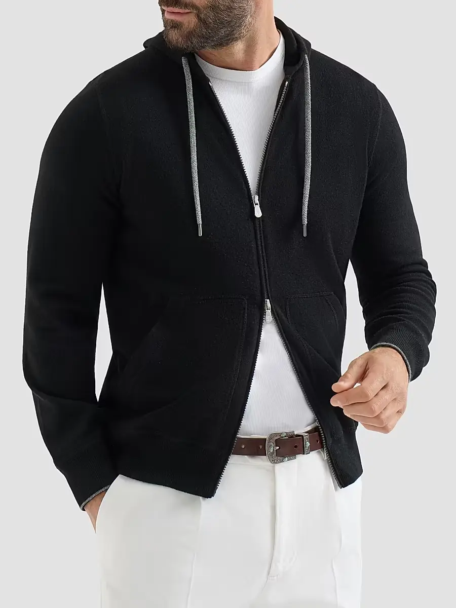 Brunello Cucinelli Men's Cashmere Sweatshirt-Style Cardigan with Hood - Black | Thumbnail 2 Brunello Cucinelli Men's Cashmere Sweatshirt-Style Cardigan with Hood - Black | Thumbnail 2
