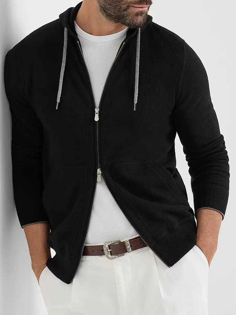 Brunello Cucinelli Men's Cashmere Sweatshirt-Style Cardigan with Hood - Black | Thumbnail 5 Brunello Cucinelli Men's Cashmere Sweatshirt-Style Cardigan with Hood - Black | Thumbnail 5
