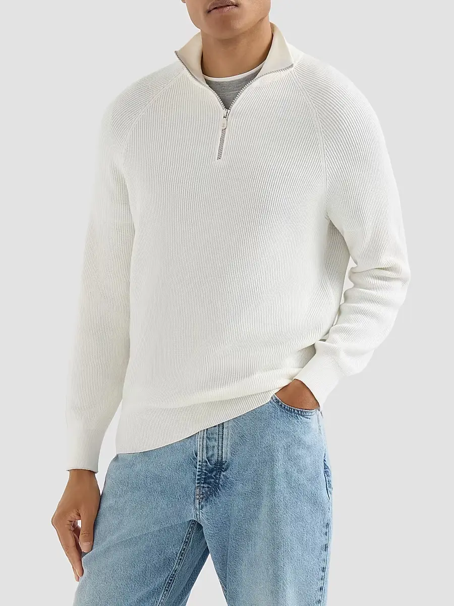 Brunello Cucinelli Men's Cotton English Rib Sweater with Half Zip - Panama | Thumbnail 3