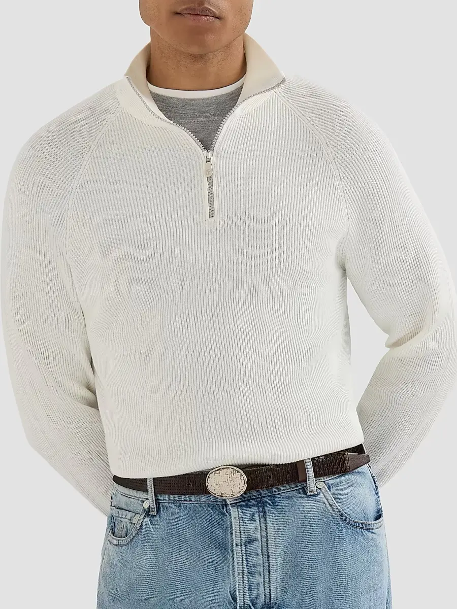 Brunello Cucinelli Men's Cotton English Rib Sweater with Half Zip - Panama | Thumbnail 5