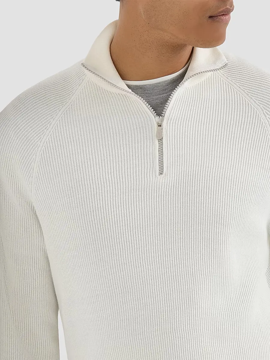 Brunello Cucinelli Men's Cotton English Rib Sweater with Half Zip - Panama | Thumbnail 6