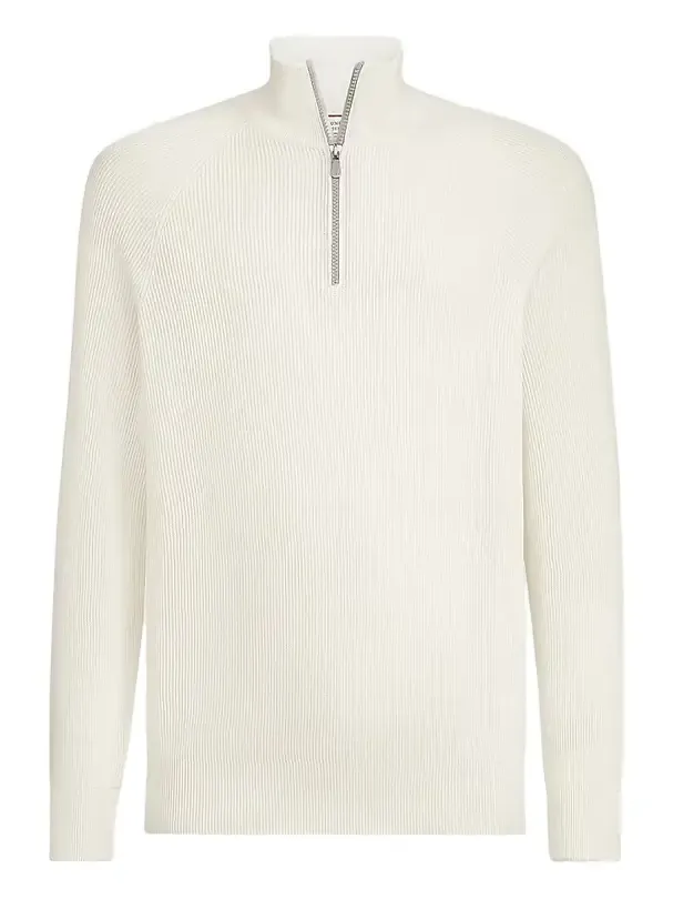 Brunello Cucinelli Men's Cotton English Rib Sweater with Half Zip - Panama