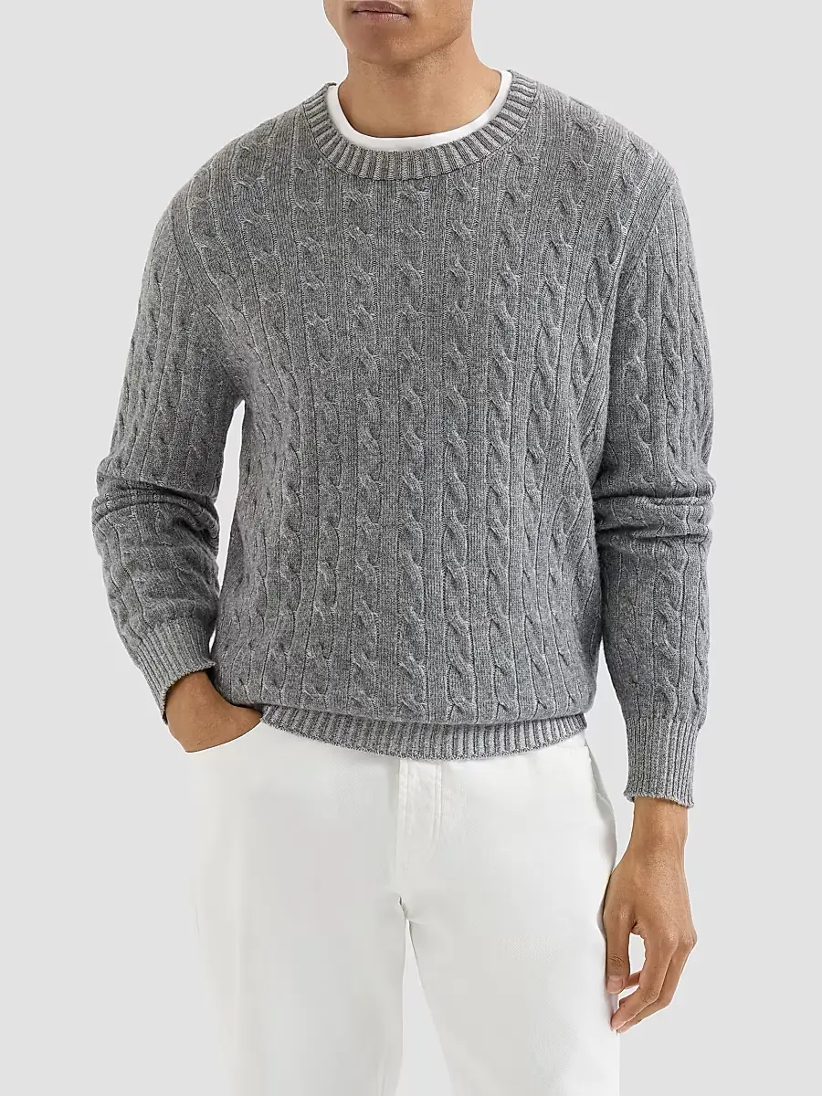 Brunello Cucinelli Men's Cashmere Vanisé Cable Knit Sweater | Thumbnail 2
