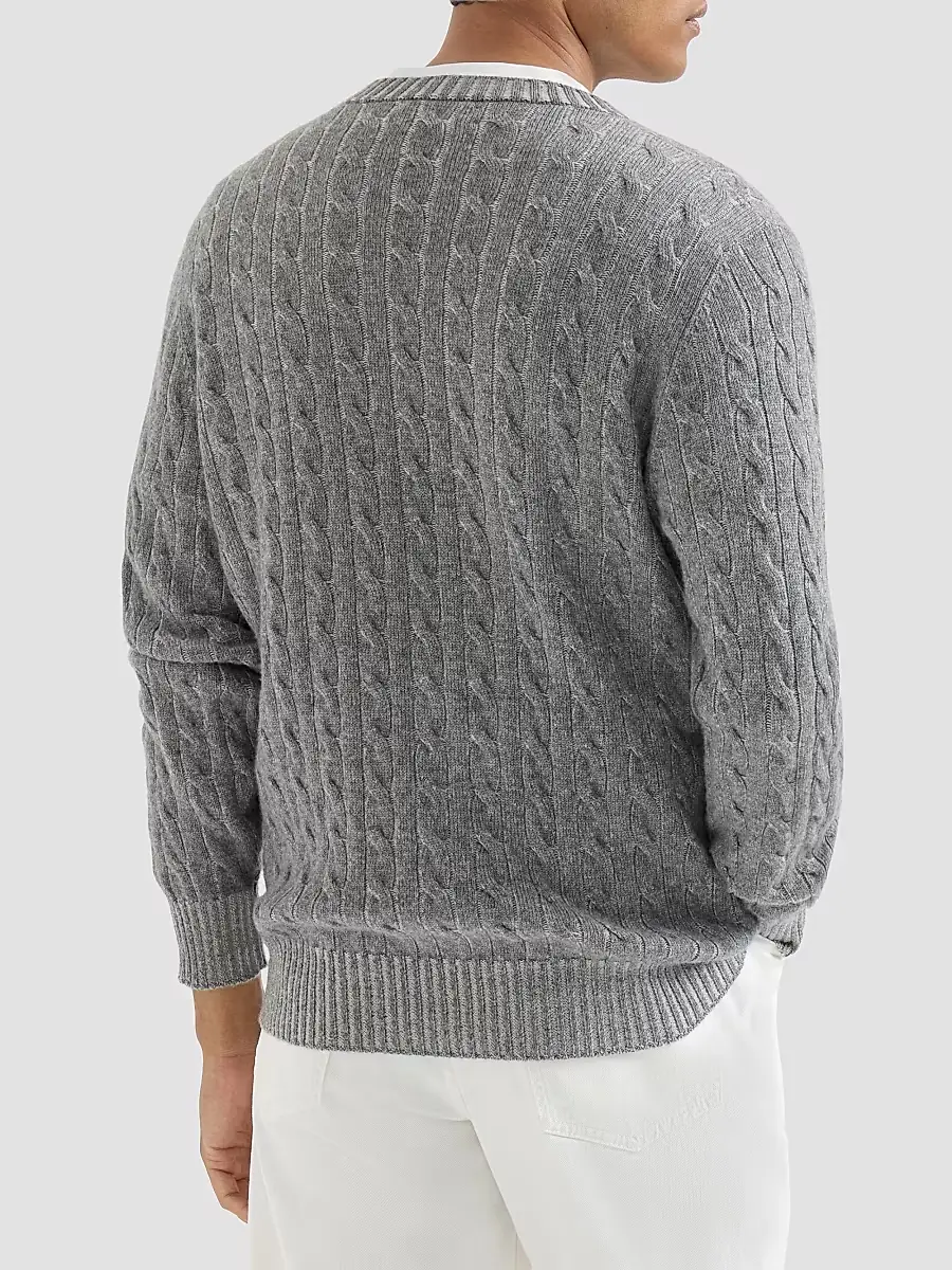 Brunello Cucinelli Men's Cashmere Vanisé Cable Knit Sweater | Thumbnail 3