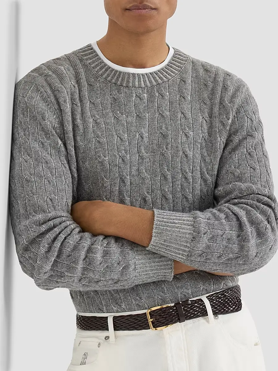 Brunello Cucinelli Men's Cashmere Vanisé Cable Knit Sweater | Thumbnail 5