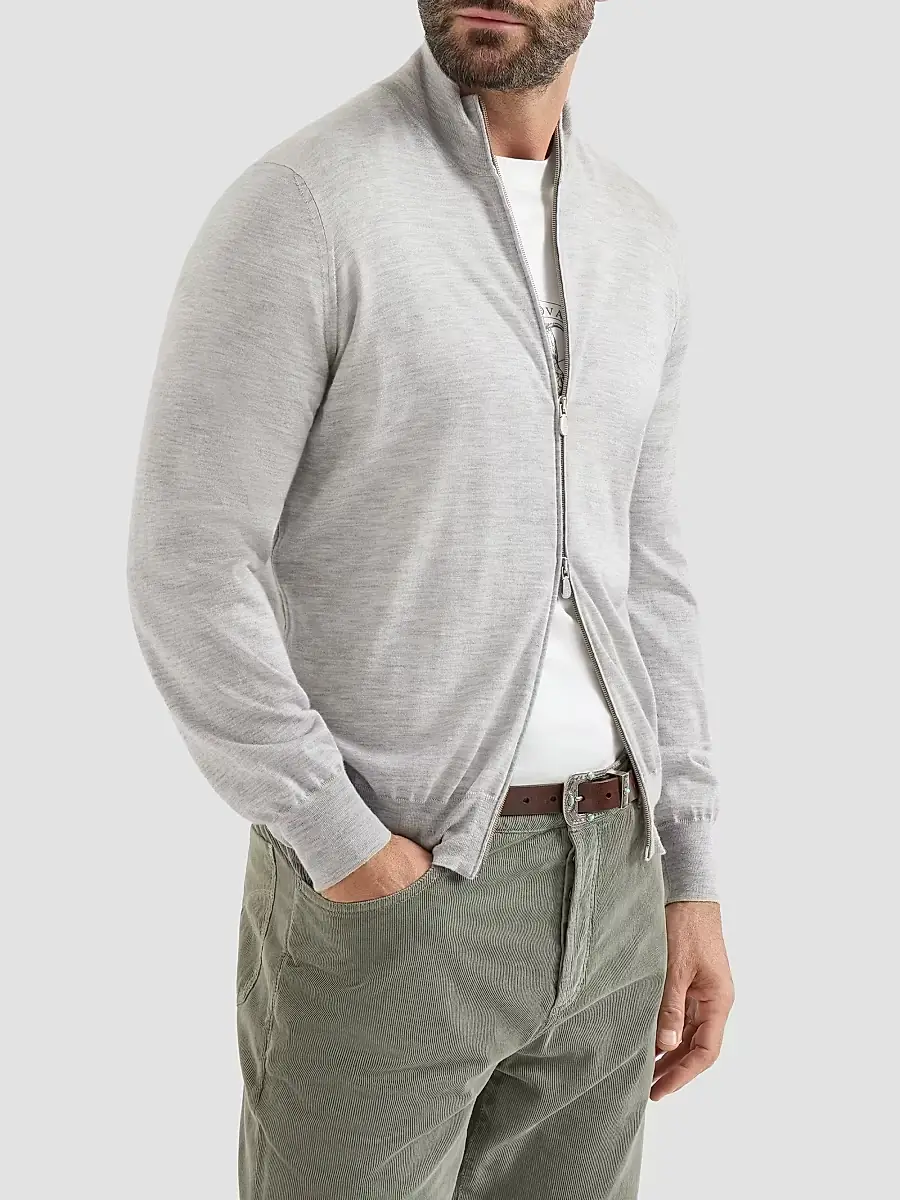 Brunello Cucinelli Men's Cashmere and Silk Lightweight Cardigan with Zipper - Pebble | Thumbnail 3 Brunello Cucinelli Men's Cashmere and Silk Lightweight Cardigan with Zipper - Pebble | Thumbnail 3