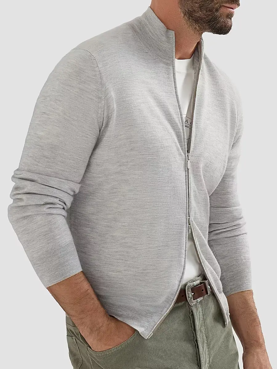 Brunello Cucinelli Men's Cashmere and Silk Lightweight Cardigan with Zipper - Pebble | Thumbnail 5 Brunello Cucinelli Men's Cashmere and Silk Lightweight Cardigan with Zipper - Pebble | Thumbnail 5