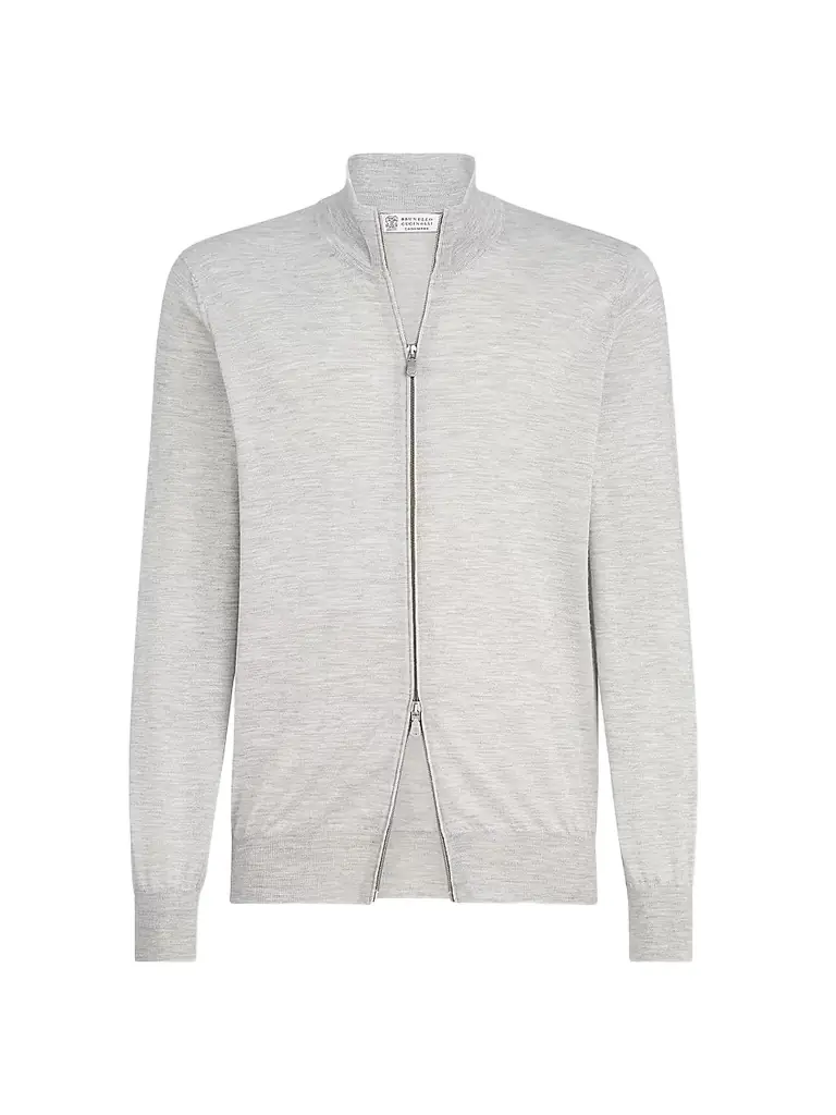 Brunello Cucinelli Men's Cashmere and Silk Lightweight Cardigan with Zipper - Pebble