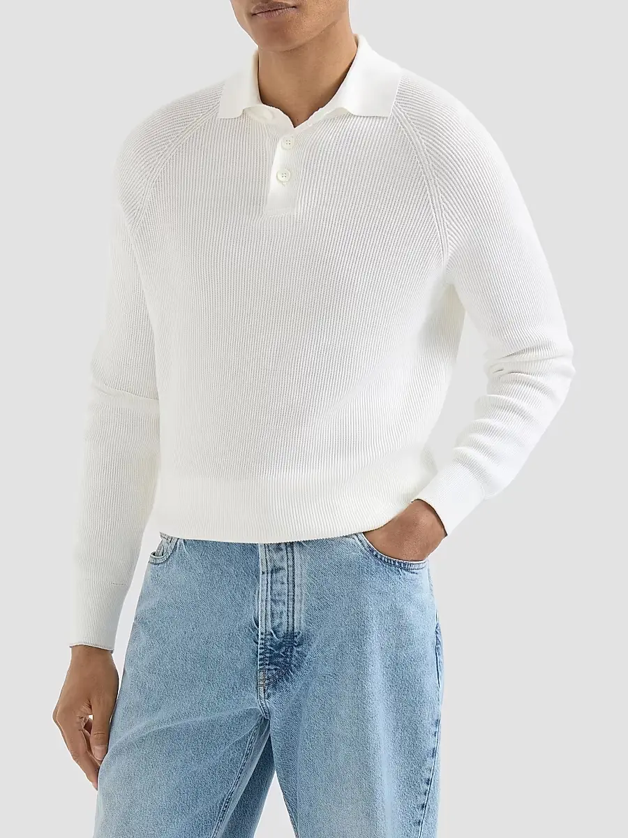Brunello Cucinelli Men's Cotton English Rib Knit Polo Shirt | Thumbnail 3