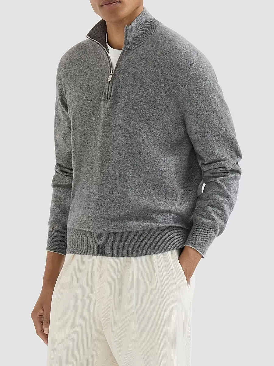 Brunello Cucinelli Men's Cashmere Sweater with Half Zip - Dark Grey | Thumbnail 2 Brunello Cucinelli Men's Cashmere Sweater with Half Zip - Dark Grey | Thumbnail 2