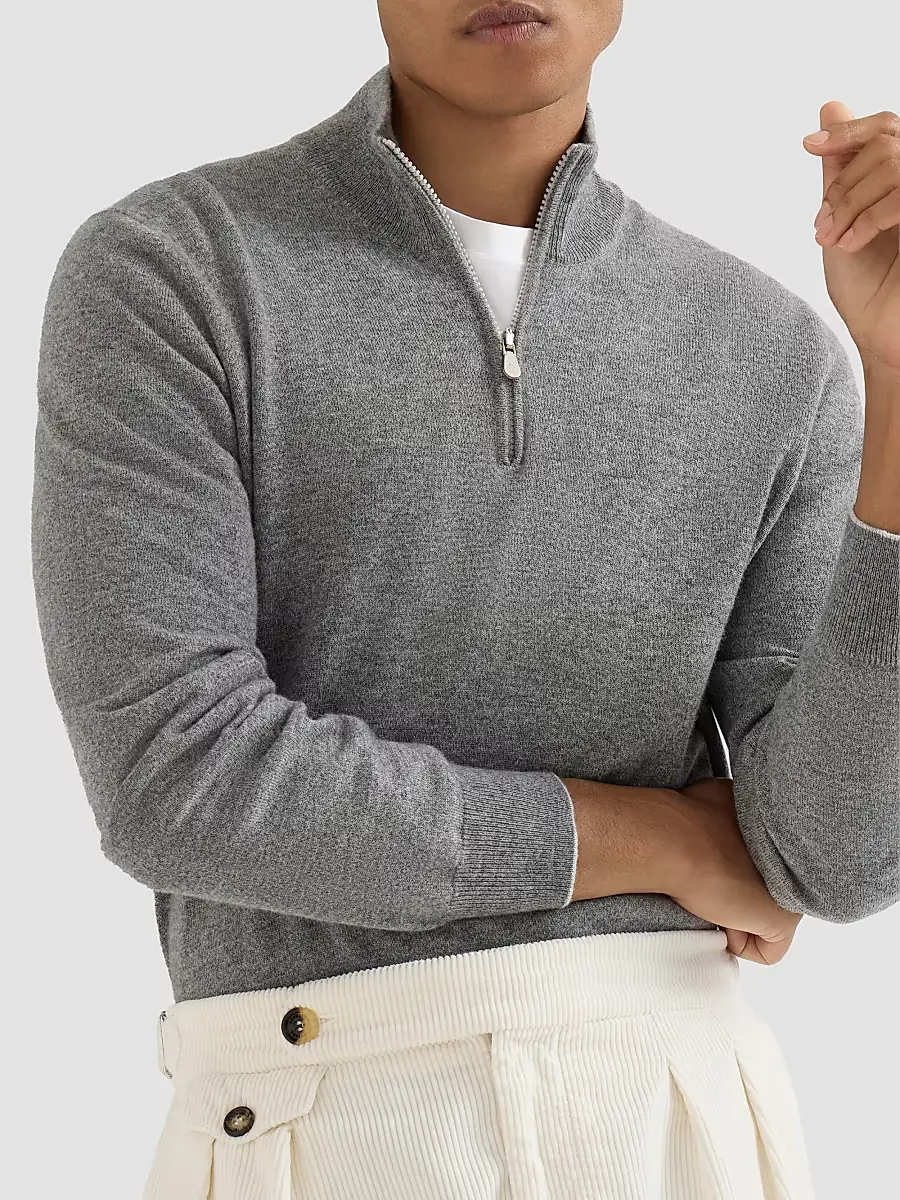 Brunello Cucinelli Men's Cashmere Sweater with Half Zip - Dark Grey | Thumbnail 4 Brunello Cucinelli Men's Cashmere Sweater with Half Zip - Dark Grey | Thumbnail 4