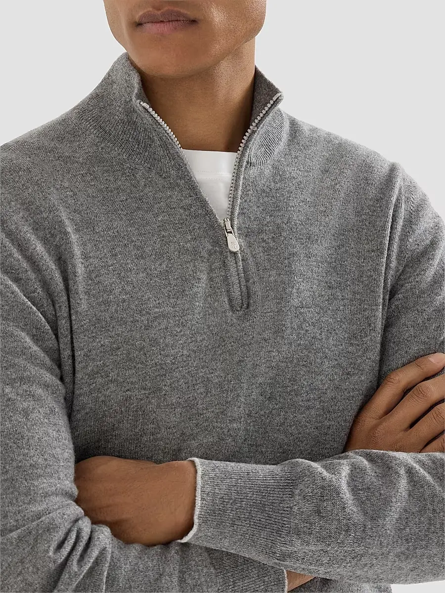 Brunello Cucinelli Men's Cashmere Sweater with Half Zip - Dark Grey | Thumbnail 5 Brunello Cucinelli Men's Cashmere Sweater with Half Zip - Dark Grey | Thumbnail 5