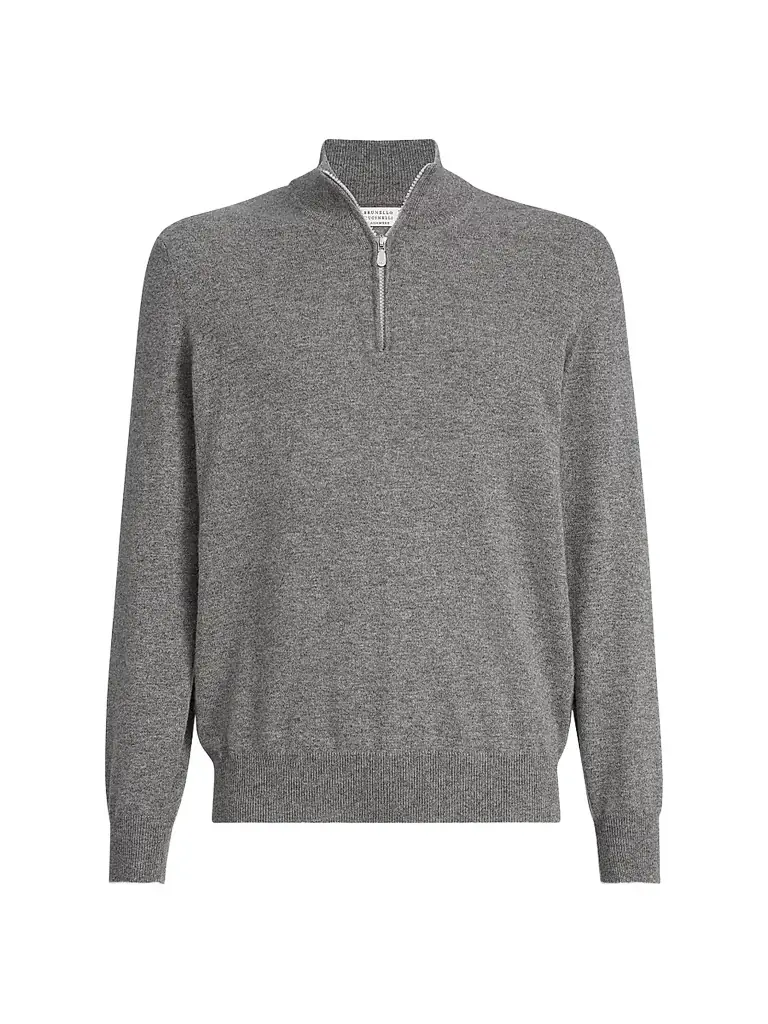 Brunello Cucinelli Men's Cashmere Sweater with Half Zip - Dark Grey