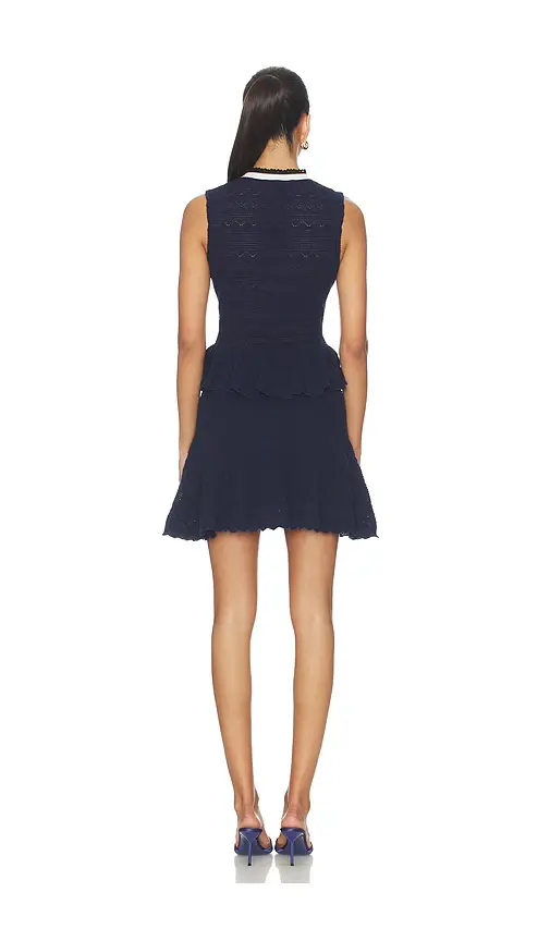 Self-Portrait Navy Peplum Pointelle Knit Mini Dress | Thumbnail 3 Self-Portrait Navy Peplum Pointelle Knit Mini Dress | Thumbnail 3