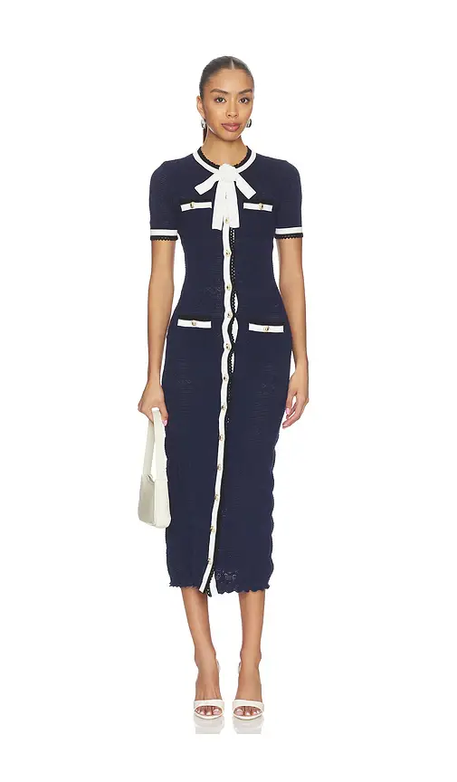 Self-Portrait Navy Pointelle Knit Midi Dress | Thumbnail 2