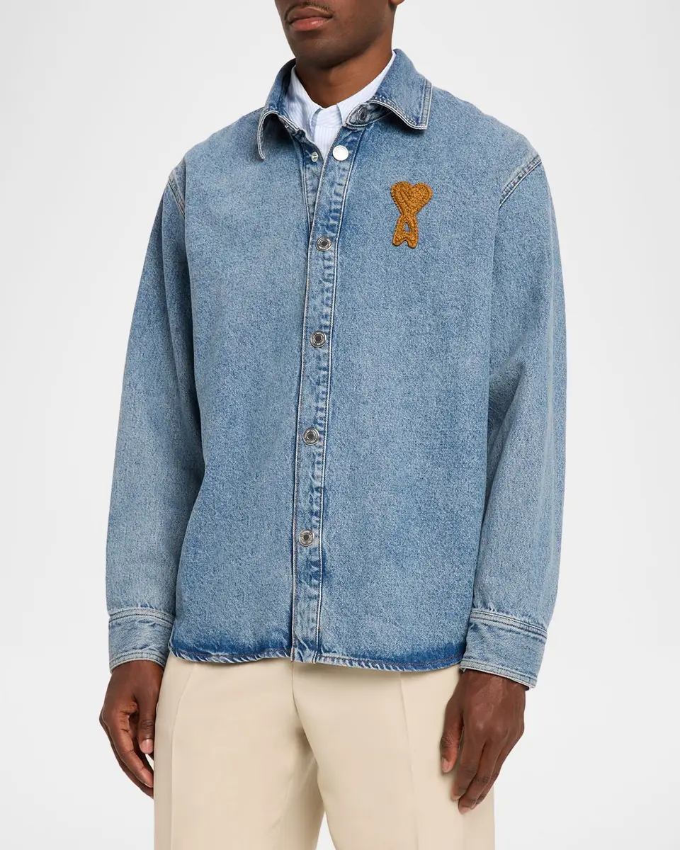 AMI PARIS Men's Denim Overshirt with Crochet Ami de Coeur | Thumbnail 3 AMI PARIS Men's Denim Overshirt with Crochet Ami de Coeur | Thumbnail 3