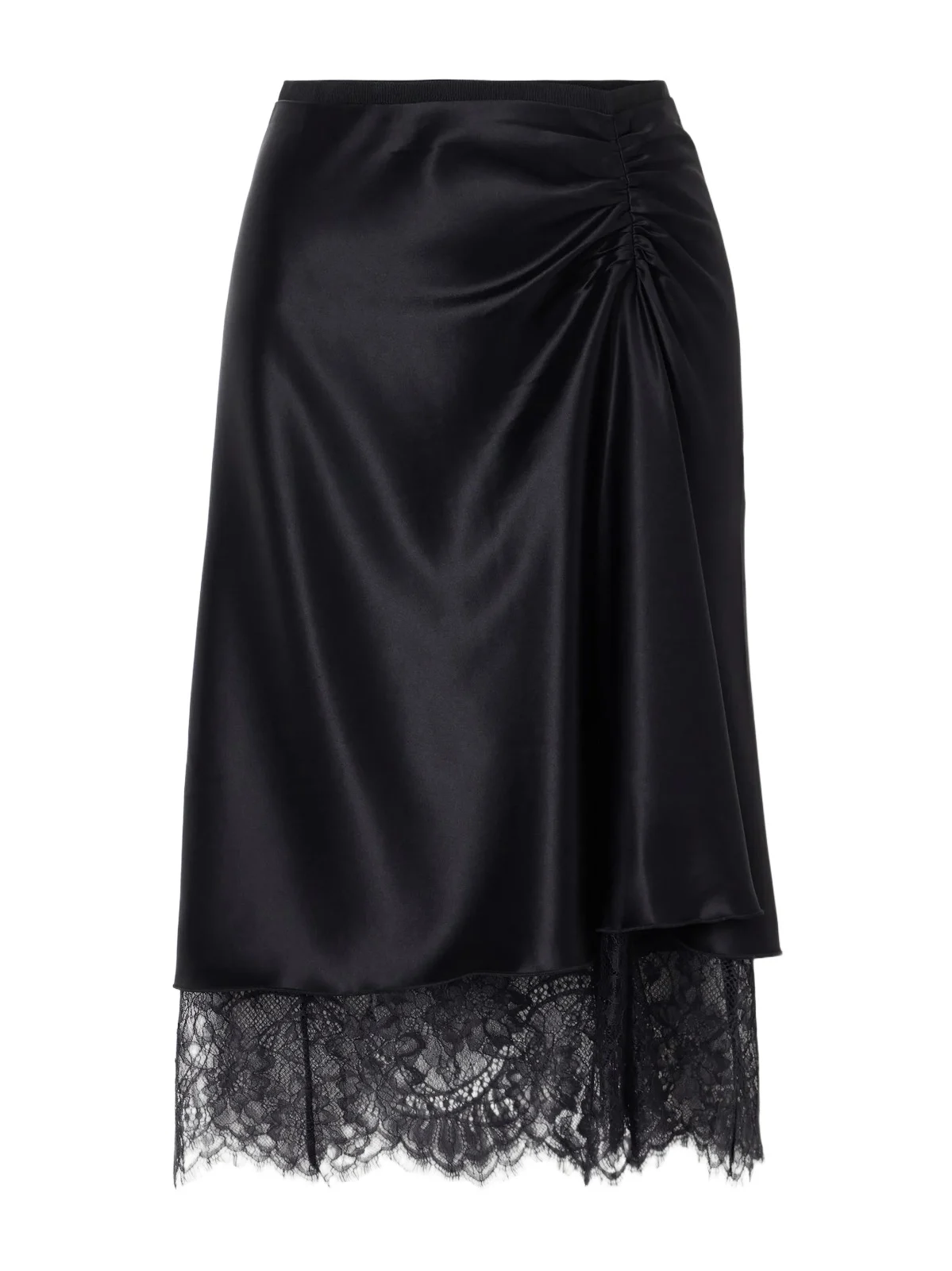 Ingrid Lace-trimmed Ruched Satin Midi Skirt Ingrid Lace-trimmed Ruched Satin Midi Skirt
