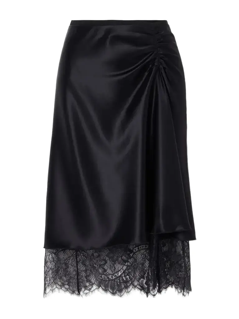 SIR. Ingrid Lace-trimmed Ruched Satin Midi Skirt | Image 1 SIR. Ingrid Lace-trimmed Ruched Satin Midi Skirt | Image 1