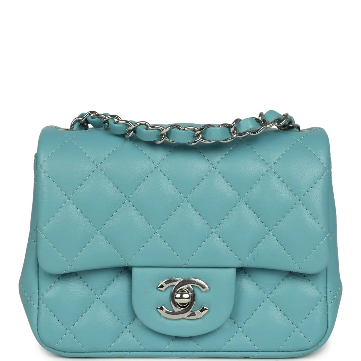 Chanel Chanel Mini Classic Square Flap Bag Light Blue Lambskin Silver Hardware | Image 1 Chanel Chanel Mini Classic Square Flap Bag Light Blue Lambskin Silver Hardware | Image 1