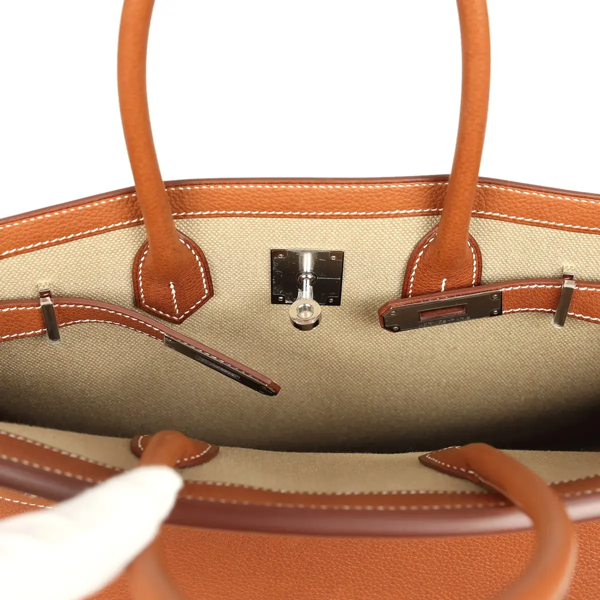 HERMÈS Hermes Birkin 35 A L'Envers Ficelle-Ecru H Dyed Canvas and Fauve Barenia Faubourg Palladium Hardware | Thumbnail 8 HERMÈS Hermes Birkin 35 A L'Envers Ficelle-Ecru H Dyed Canvas and Fauve Barenia Faubourg Palladium Hardware | Thumbnail 8