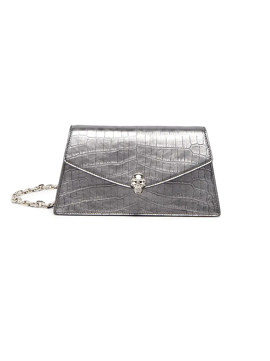 McQueen Women's Skull Mini Crocodile-Embossed Metallic Leather Shoulder Bag - Cloud | Image 1 McQueen Women's Skull Mini Crocodile-Embossed Metallic Leather Shoulder Bag - Cloud | Image 1