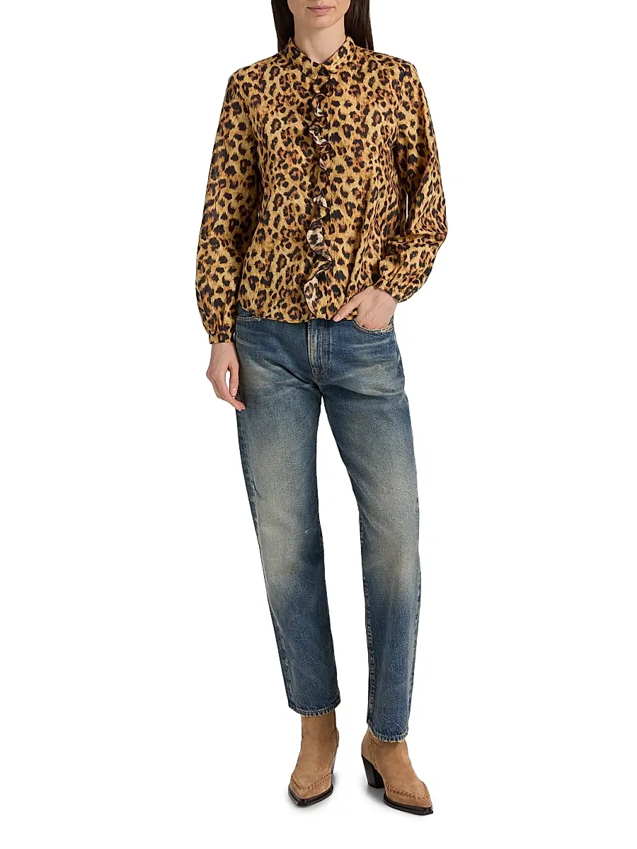 R13 Women's Leopard-Print Ruffle-Trim Cotton Blouse | Thumbnail 2