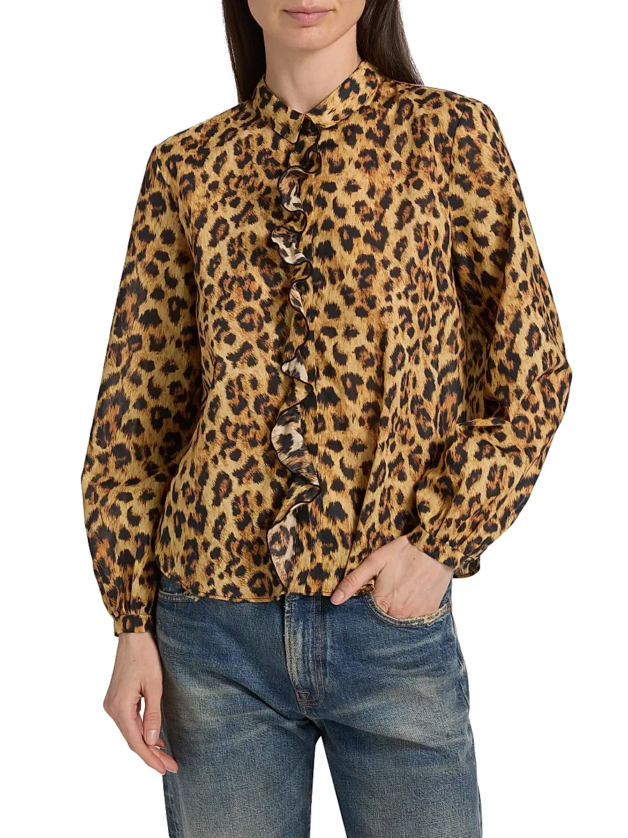 R13 Women's Leopard-Print Ruffle-Trim Cotton Blouse | Thumbnail 3