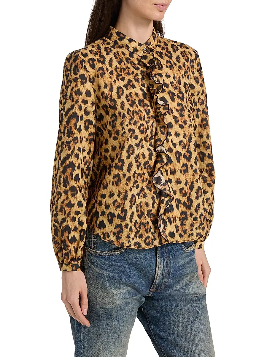 R13 Women's Leopard-Print Ruffle-Trim Cotton Blouse | Thumbnail 4