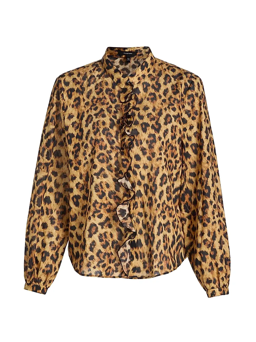 R13 Women's Leopard-Print Ruffle-Trim Cotton Blouse - Yellow Cheetah - Size XS | Image 1 R13 Women's Leopard-Print Ruffle-Trim Cotton Blouse - Yellow Cheetah - Size XS | Image 1