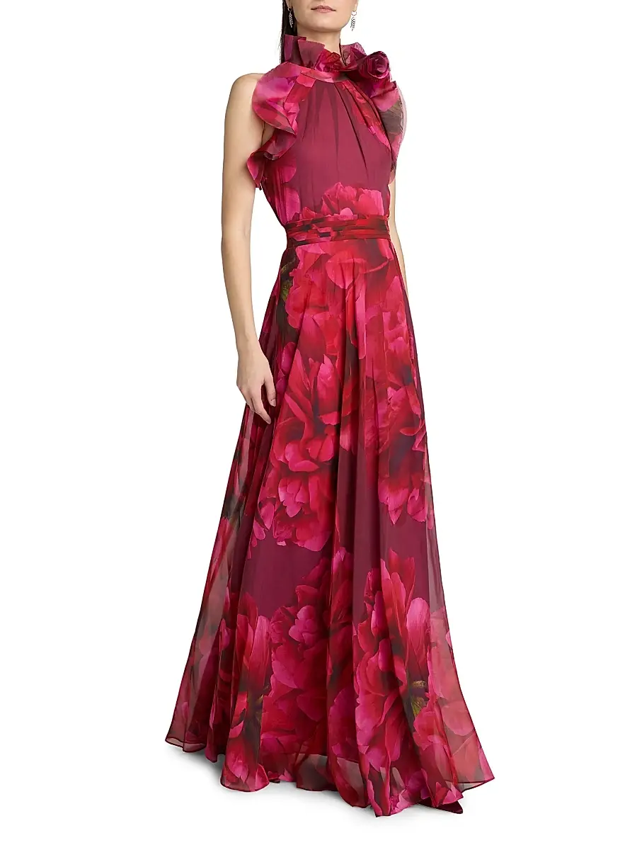 Teri Jon by Rickie Freeman Women's Ruffled Floral Chiffon Organza Halterneck Gown | Thumbnail 2 Teri Jon by Rickie Freeman Women's Ruffled Floral Chiffon Organza Halterneck Gown | Thumbnail 2