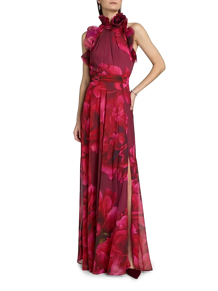 Teri Jon by Rickie Freeman Women's Ruffled Floral Chiffon Organza Halterneck Gown | Thumbnail 3 Teri Jon by Rickie Freeman Women's Ruffled Floral Chiffon Organza Halterneck Gown | Thumbnail 3