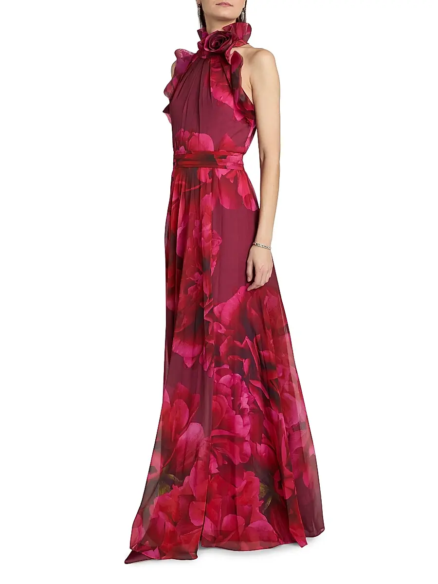 Teri Jon by Rickie Freeman Women's Ruffled Floral Chiffon Organza Halterneck Gown | Thumbnail 4 Teri Jon by Rickie Freeman Women's Ruffled Floral Chiffon Organza Halterneck Gown | Thumbnail 4