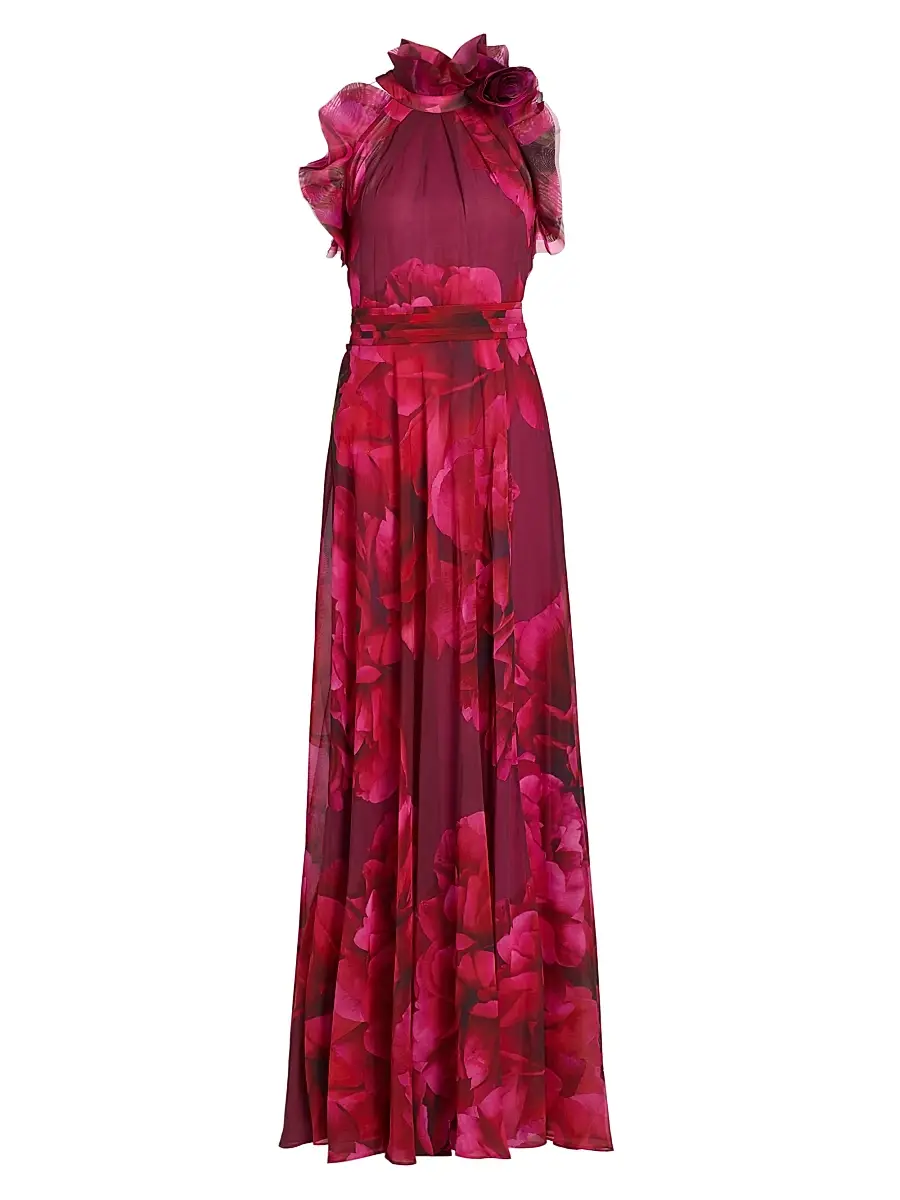 Teri Jon by Rickie Freeman Women's Ruffled Floral Chiffon Organza Halterneck Gown