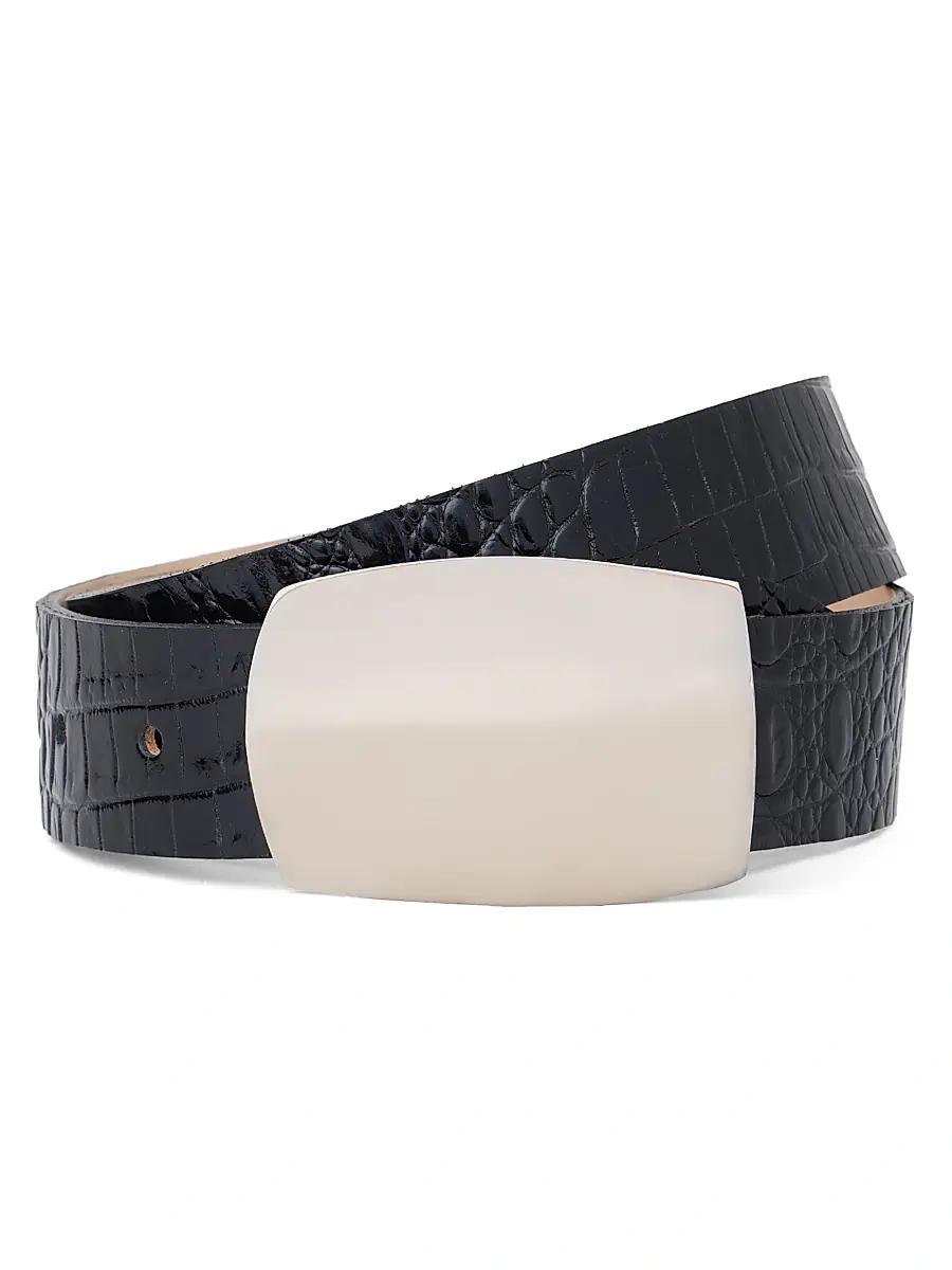 L'AGENCE Women's Milou Croc-Embossed Leather Belt - Black And Silver | Thumbnail 3