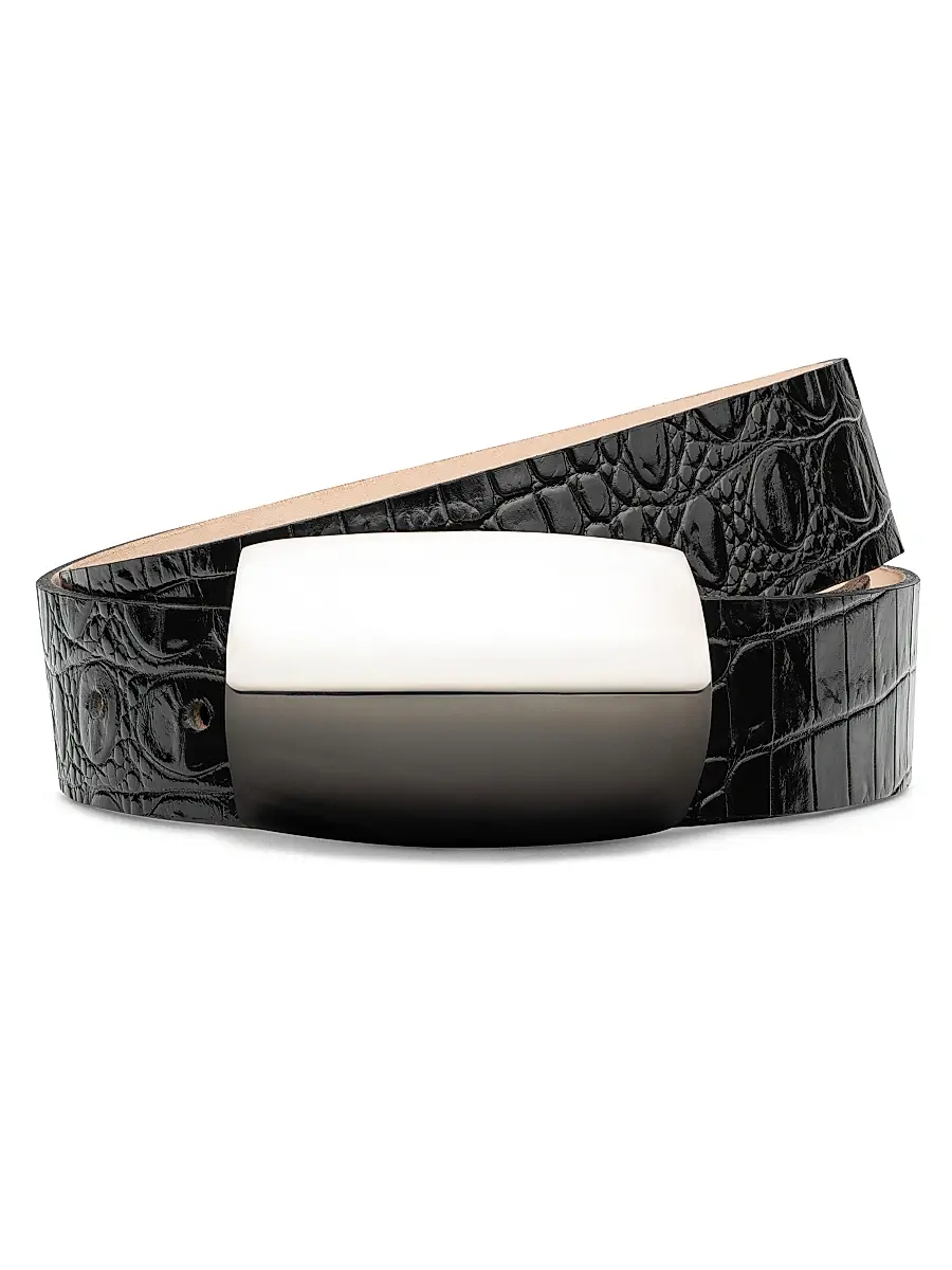L'AGENCE Women's Milou Croc-Embossed Leather Belt - Black And Silver | Thumbnail 4